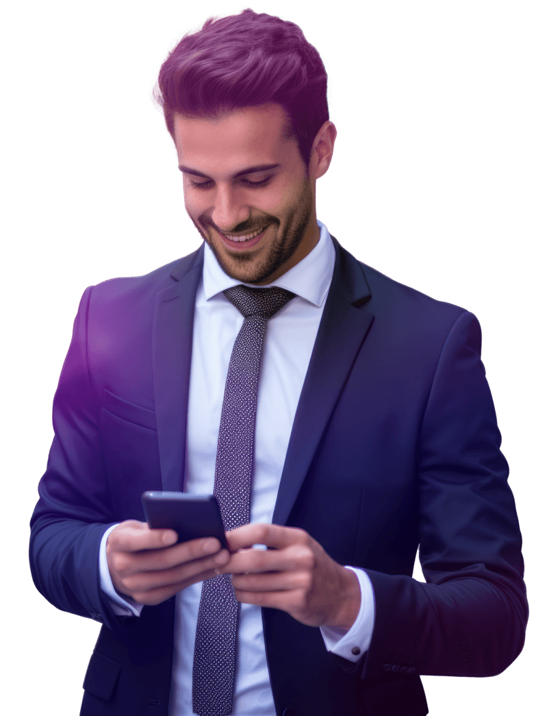 Smiling businessman in a suit looks at his smartphone with a happy expression.