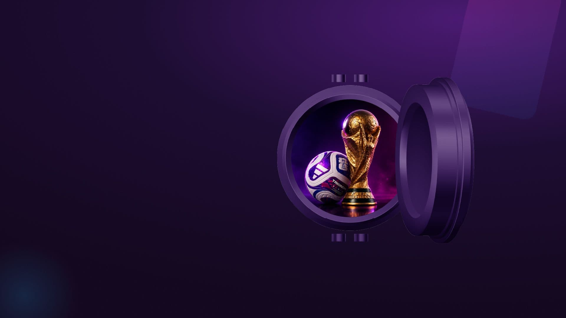 Golden football trophy and patterned football stored inside an open purple safe.