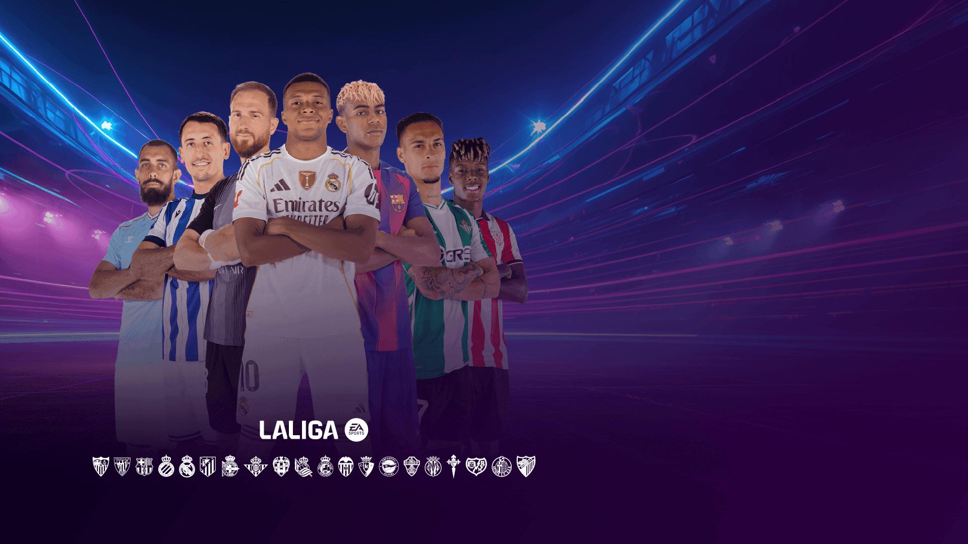 Group of diverse La Liga soccer players in various team uniforms against a stadium background.