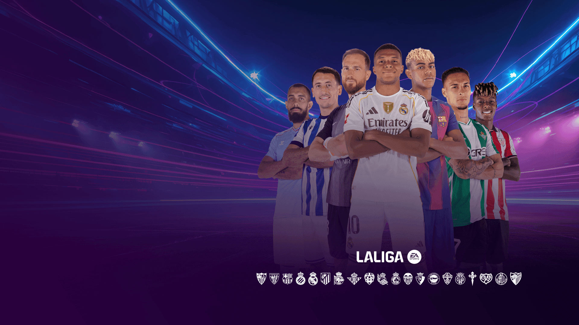 Group of diverse La Liga soccer players in various team uniforms against a stadium background.