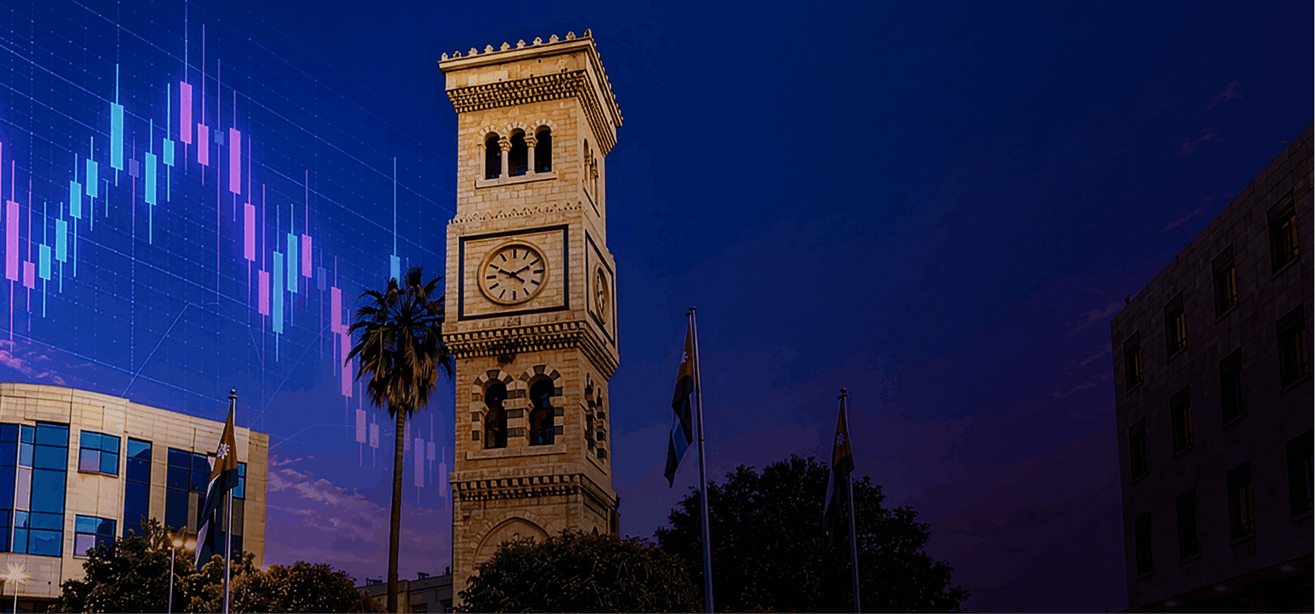 Irbid Clock Tower at night with financial market chart overlay promoting INGOT's first free trading seminar in Irbid, Jordan.