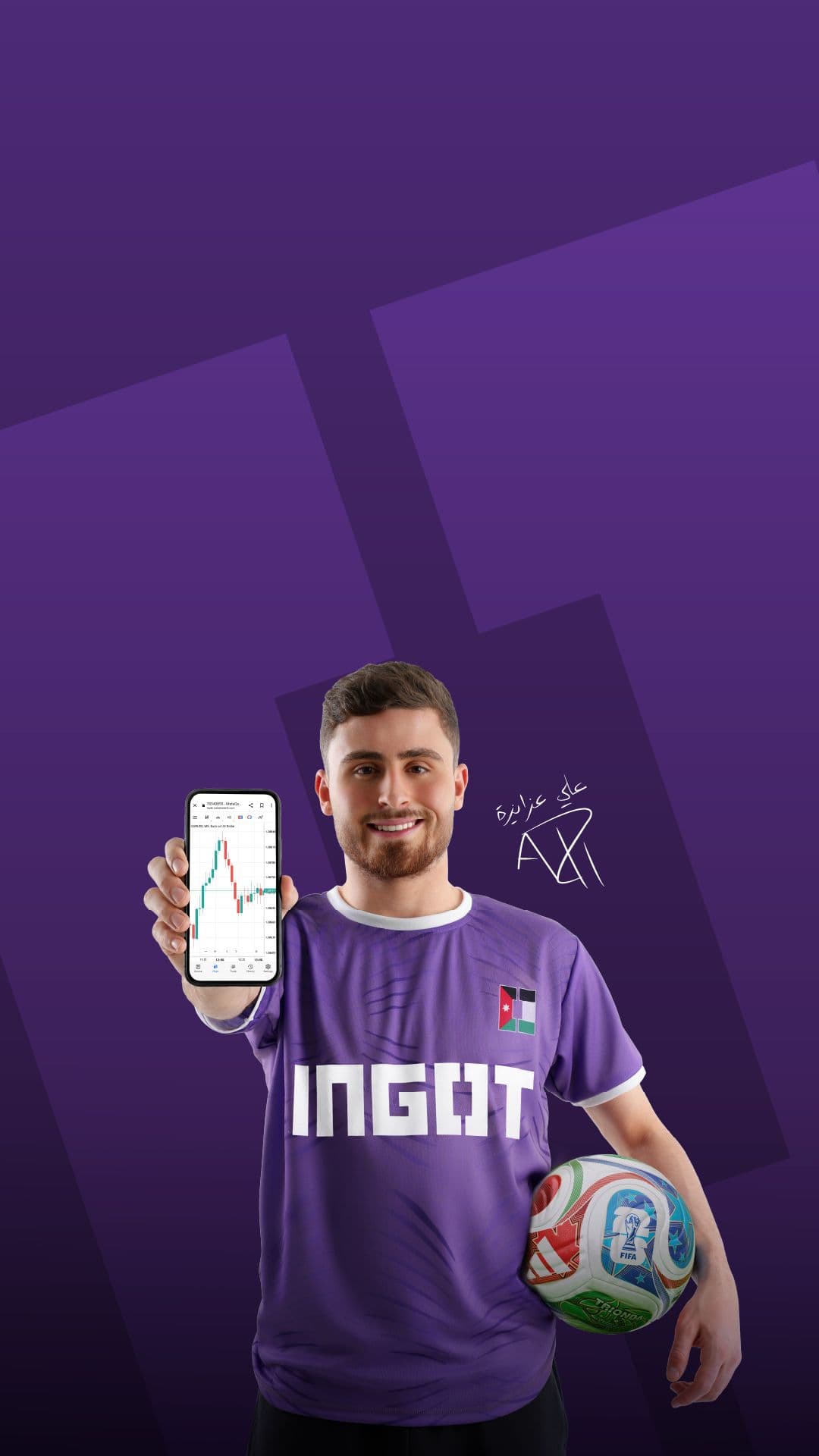 Man in purple 'INGOT' jersey holds a smartphone with a graph and a soccer ball.
