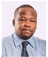 Professional headshot of a Black man in a light blue shirt and dark patterned tie.