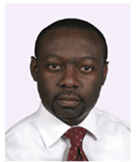 Headshot of a Black man in a white shirt and red tie looking forward.