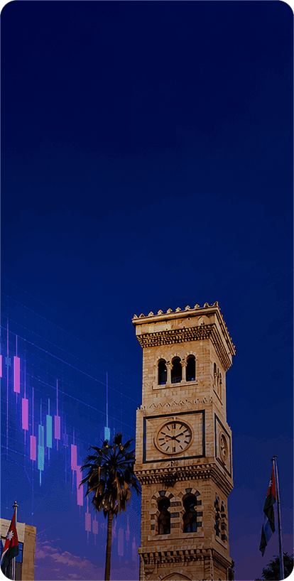 Irbid Clock Tower with financial market charts promoting INGOT's first free trading seminar in Irbid, Jordan.