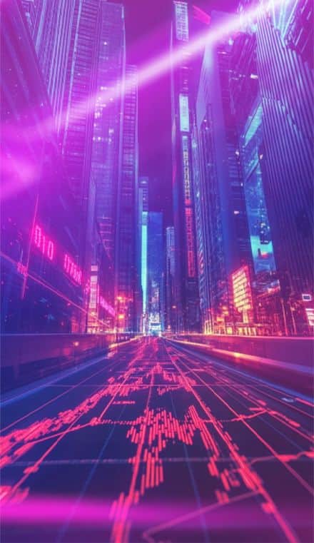 Futuristic cityscape with glowing digital pathways, representing financial technology, innovation, and global online trading with INGOT.